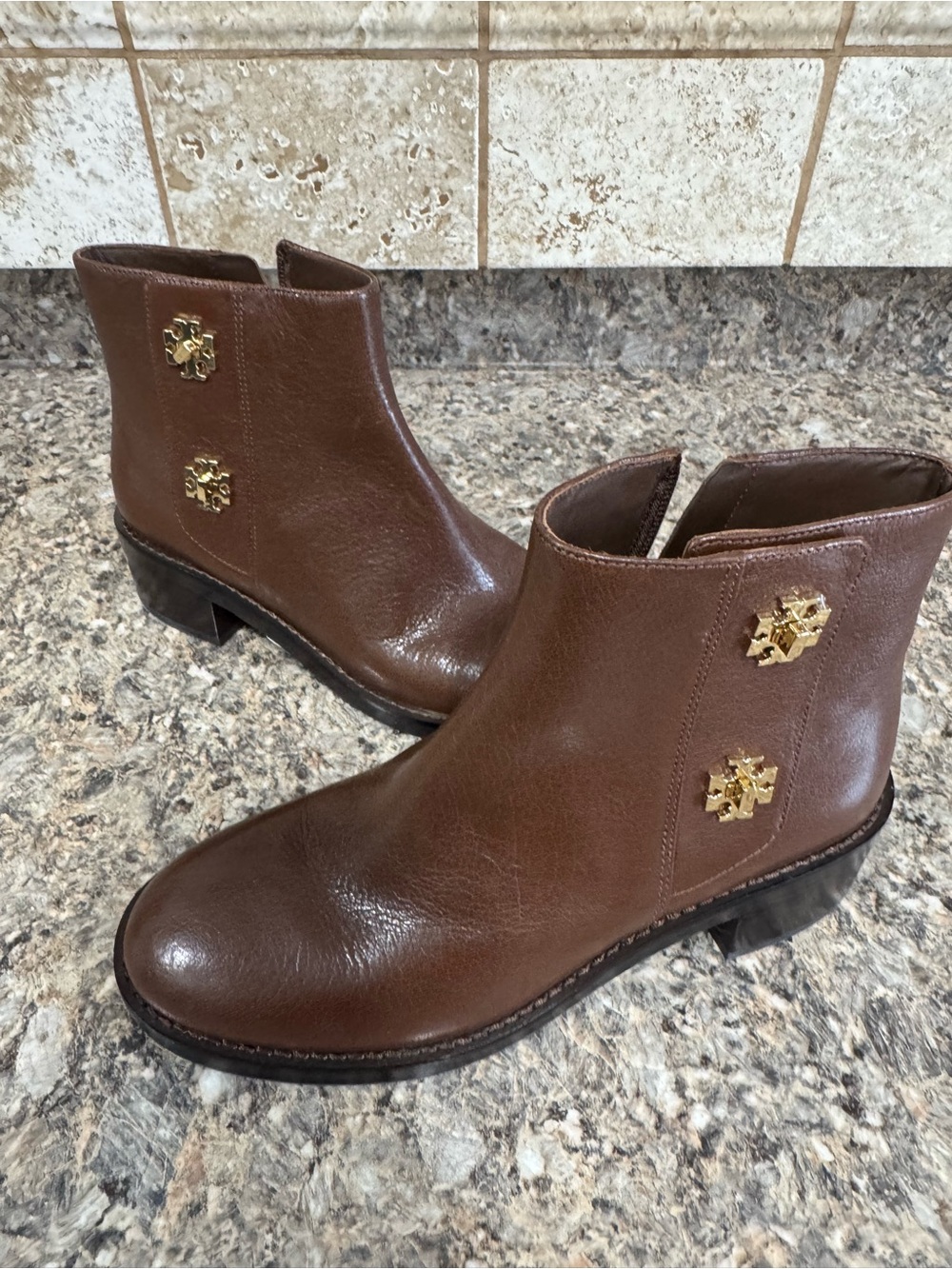 Tory Burch Brown Leather Gold-Logo Ankle Boots